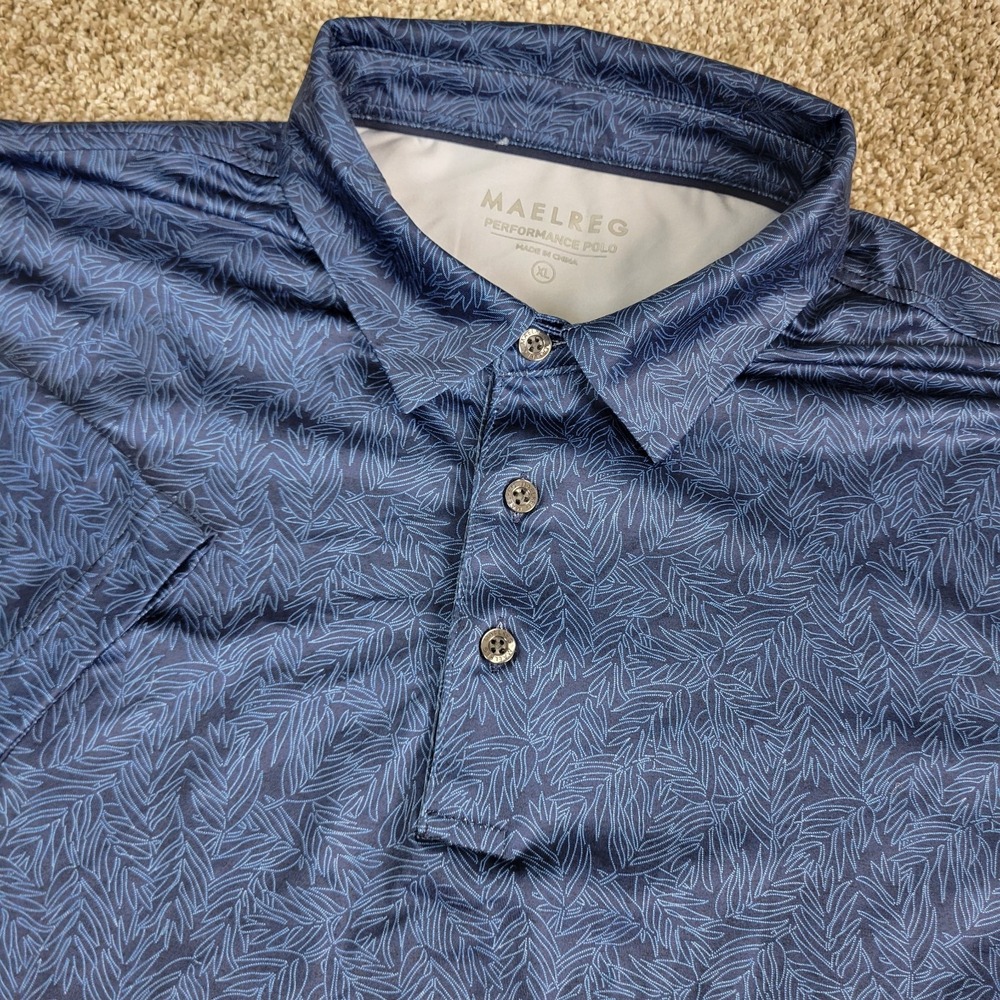 Maelreg‎ Mens XL Black Blue AOP Floral Performance Stretch Polo Short Sleeve